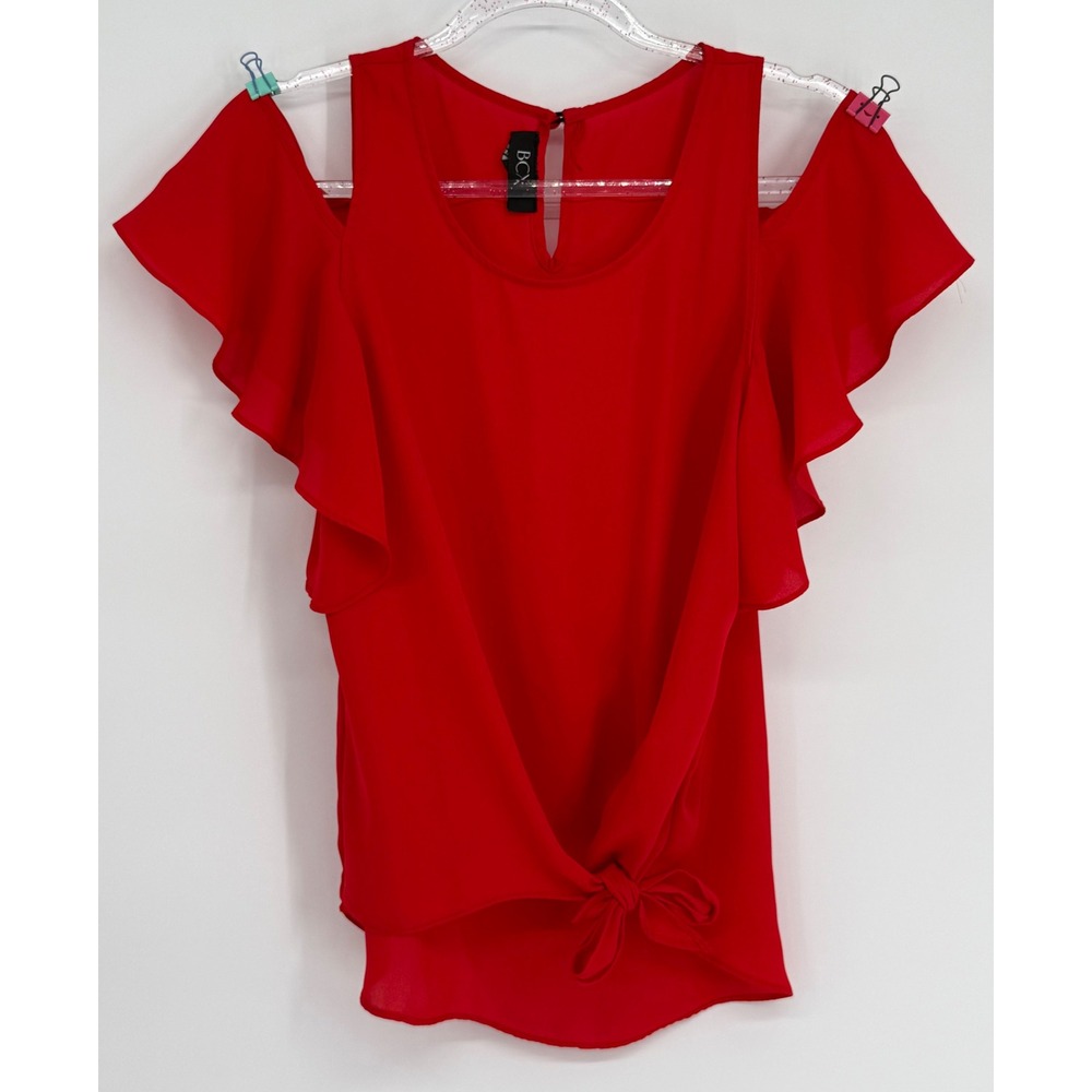 BCX Womens Red Cold Shoulder Tie Front Ruffle‎ Flutter Sleeve Blouse Sz S